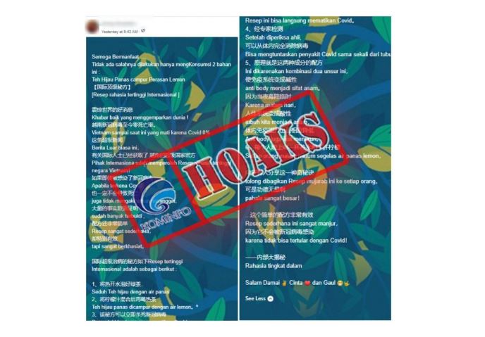 [HOAKS] Resep Campuran Teh Hijau dan Lemon untuk Atasi Covid-19